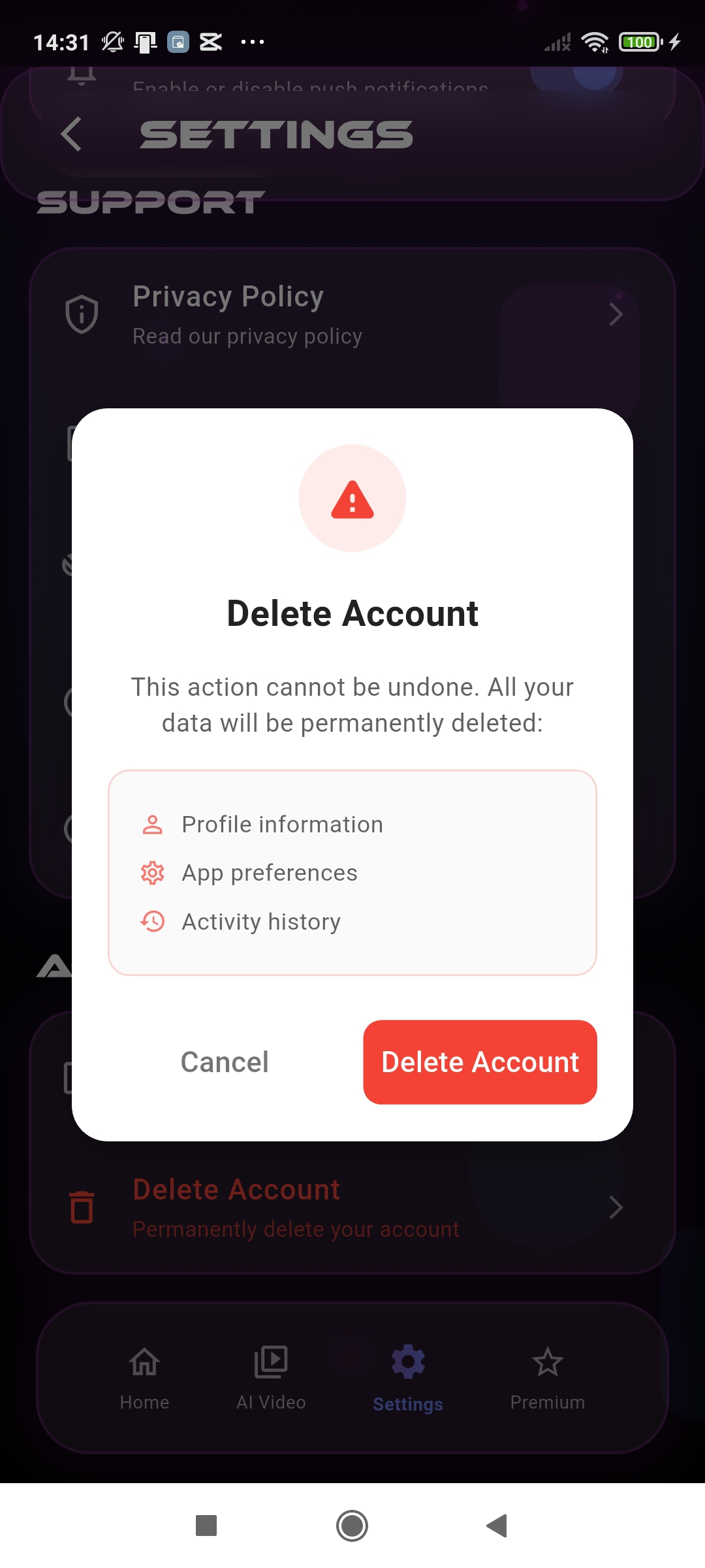 Account deletion screenshot 3